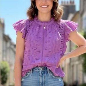 Jennifer & Grace Iris Orchid Eyelet Ruffle Sleeve Blouse XL NWT Cottagecore